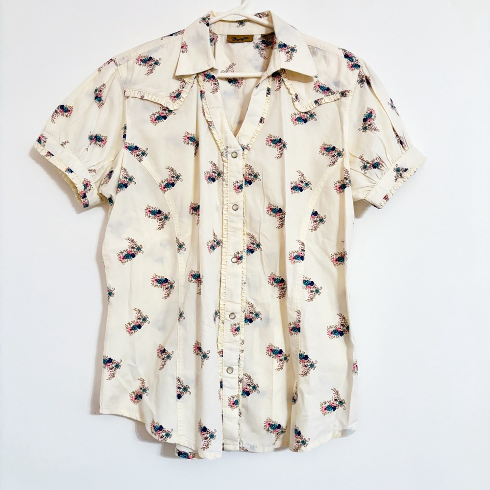 Women’s Wrangler Floral Ruched Cream/White Western Button Up Blouse Size L
